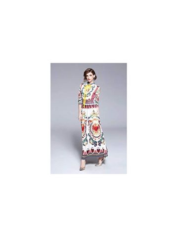 Y&D Women'S A Line Collar Block Vintage Chic Flower Bow Decor Maxi Long Sleeve Sheath Dress Multi Color