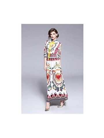 Y&D Women's A Line Collar Block Vintage Chic Flower Bow Decor Maxi Long Sleeve Sheath Dress