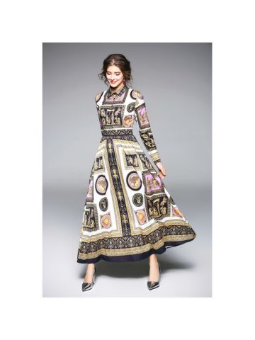 Y&D Maxi Length Shirt Neck Print Pattern Full Sleeve Casual Dress For Women Multi Color
