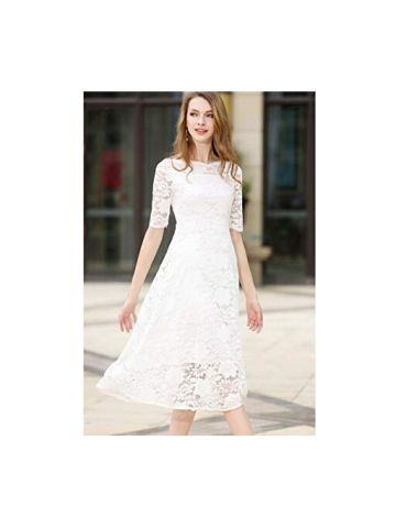 Y&D Women's Aline Lace Patch Ruffled Hollow Out Flower Decor Short Sleeve Sash Dress Color