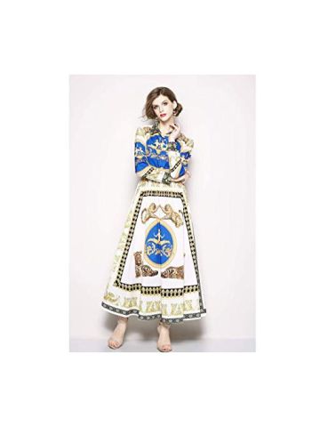 Y&D Women's A Line Collar Block Ruffle Patchwork Animal Bow Decor Maxi Long Sleeve Dress