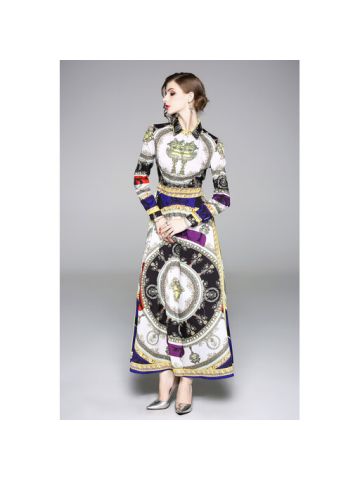 Y&D Maxi Shirt Neck Animal Print Pattern Full Sleeve Straight Dress For Women Multi Color