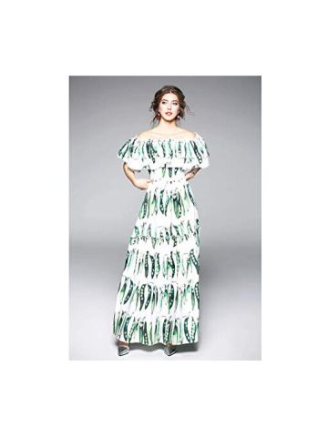 Y&D Women's A Line Slash Neck Off Shoulder Ruffles Style Striped Maxi Long Dress