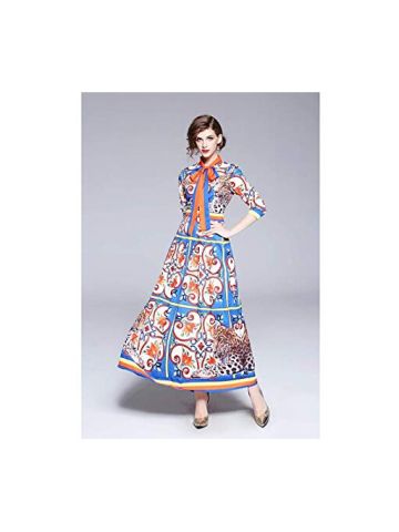 Y&D Women's A Line Floral Pattern Shirt Neck Patchwork Chic Vintage Bow Decor Long Sleeve Maxi Long Dress