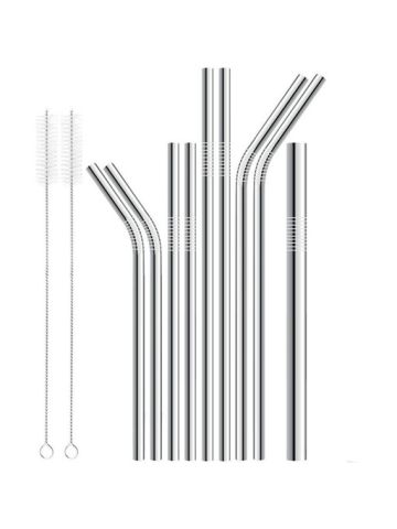 11 Pcs Long Stainless Steel Metal Drinking Straws with Cleaning Brushes Set