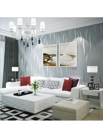 Silver 3D Non-Woven Wave Stripe Embossed Wallpaper Rolls Living Room Decor 10 M