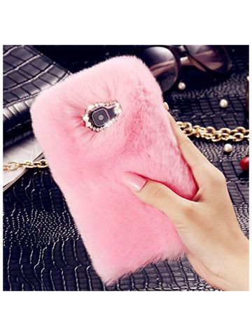 FLOVEME  Rabbit Fur Fuzzy Plush With Crystal Cute Bowknot Protective