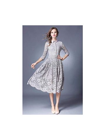 Y&D Women'S Aline Hollow Out Solid Color Short Sleeve Bow Decor Lace Pattern Midi Dress Grey Color
