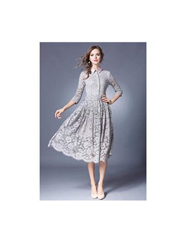 Y&D Women's Aline Hollow Out Solid Color Short Sleeve Bow Decor Lace Pattern Midi Dress Color