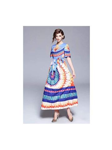 Y&D Women's A Line Floral Pattern Round Neck Patchwork Bow Decor Flare Sleeve Maxi Long Dress