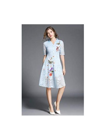 Y&D Women's A Line Hollow Out Short Sleeve Floral Patchwork Flower Decor Solid Color Midi Sweet Dress Color