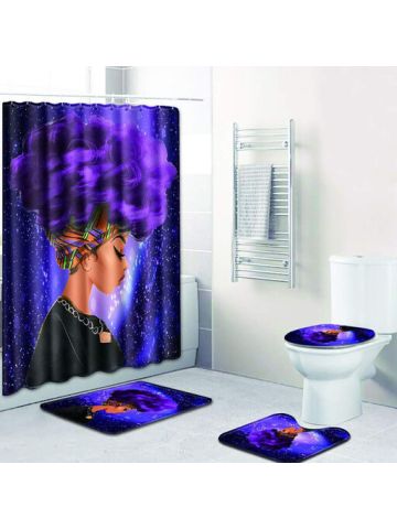 4 Pcs Sea Style Non Slip Toilet Polyester Cover Mat Set Bathroom Shower Curtain