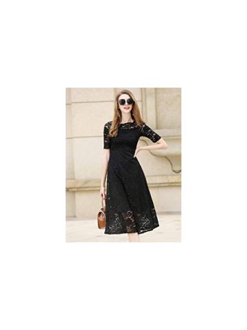 Y&D Women'S Aline Lace Patch Ruffled Hollow Out Flower Decor Short Sleeve Round Neck Sash Dress Black Color