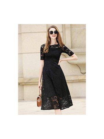 Y&D Women's Aline Lace Patch Ruffled Hollow Out Flower Decor Short Sleeve Round Neck Sash Dress Color