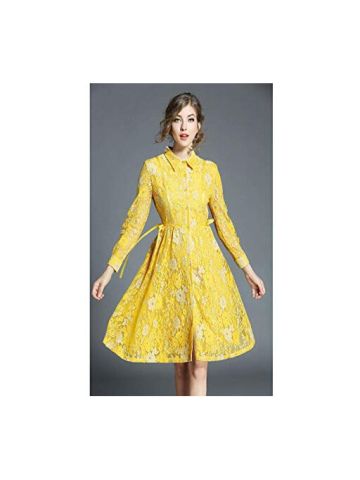 Y&D Women's Aline Lace Patch Ruffled Flower Decor Long Sleeve Solid Color Midi Sash Dress Color
