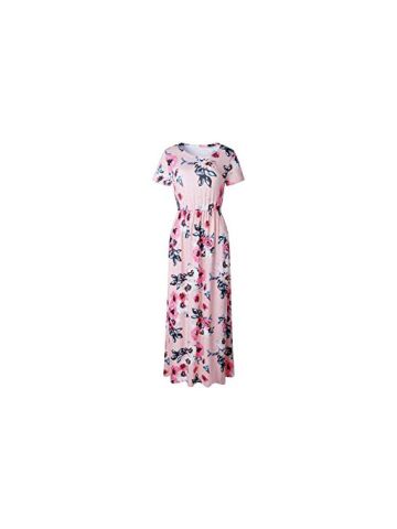 Y&D Women'S Aline Dress Round Neck Long Sleeve Floral Pattern Pastoral Style Midi Pink Dress