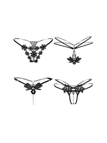Women Underwear Lace T-Back G-String Lovely Nightwear Panties Pearl Open-Crotch In Free Size -Black