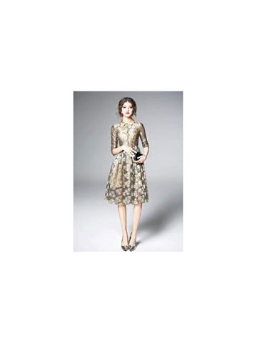 Y&D Women'S Aline Lace Patch Ruffled Short Sleeve Bow Flower Decor Hollow Out Sash Dress Gold Color