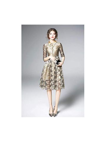 Y&D Women's Aline Lace Patch Ruffled Short Sleeve Bow Flower Decor Hollow Out Sash Dress Color