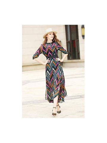 Y&D Women's A Line Floral Patchwork Tassel Round Neck Short Sleeve Maxi Long Dress