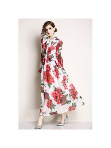 Y&D Mid Calf Shirt Neck Floral Pattern Full Sleeve Dress For Women Multi Color