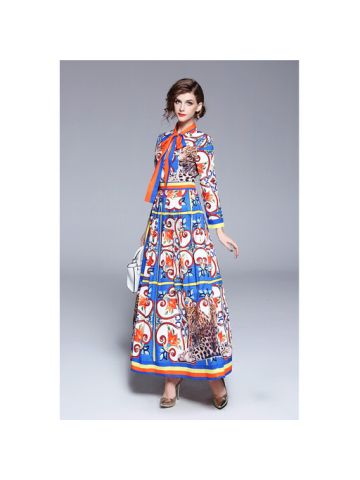 Y&D Maxi Shirt Neck Animal Print Pattern Three Quarter Sleeve Straight Dress For Women Multi Color