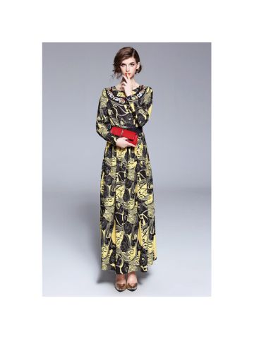 Y&D Maxi Round Neck Print Pattern Full Sleeve Straight Dress For Women Multi Color