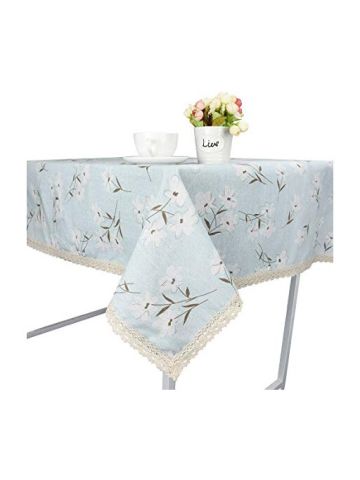 Flower Dining Tablecloth Cotton Linen Rustic Rectangle Washable Table Cover Lace
