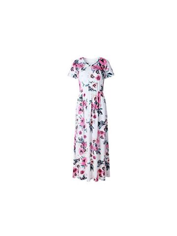 Y&D Women's Aline Dress O Neck Floral Pattern Pastoral Style Midi White Dress