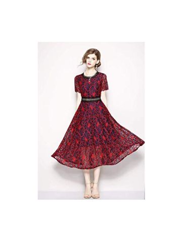 Y&D Women's A Line Lace Patchwork Round Neck Short Sleeve Bow Decor Sweet Midi Dress Color