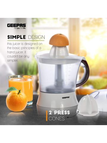 Geepas 25 Watt Citrus Juicer for with 2 Cones, Bi-Direction Twist, 1.2L Capacity