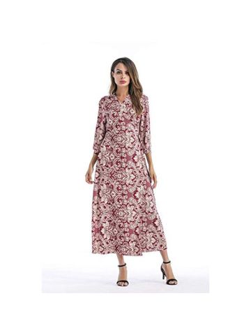 Y&D A Line Floral Pattern V Neck Patchwork Tassel Three Quarter Sleeve Maxi Long Dress Red Color