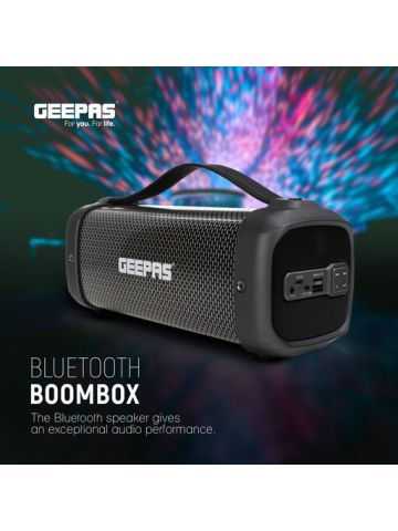 Geepas Rechargeable Bluetooth Speaker with RGB DJ Lights, USB, Radio, 10 Metres Operating Range