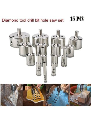 15Pcs Diamond Tool Drill Bit Hole Saw Set For Glass Ceramic Marble 6-50Mm Pro