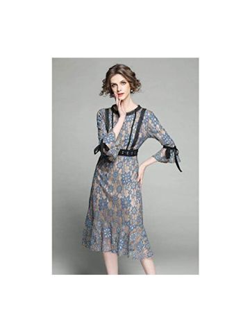 Y&D Women's Aline Round Neck Retro Flare Sleeve Lace Patch Flower Decor Midi Sweet Dress Dark Blue Color