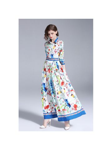 Y&D Maxi Shirt Neck Floral Pattern Straight Dress For Women