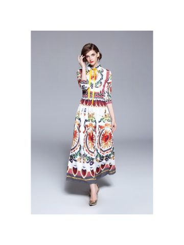 Y&D Maxi Shirt Neck Print Pattern Straight Dress For Women