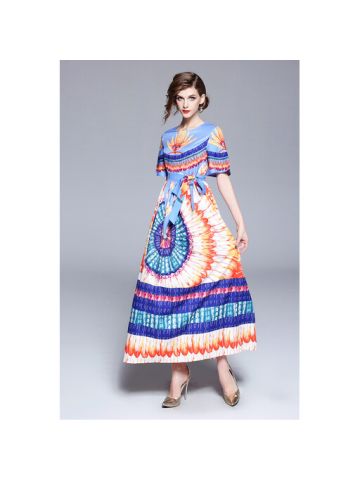 Y&D Women's A Line Floral Pattern Round Neck Patchwork Bow Decor Flare Sleeve Maxi Long Dress Multi Color