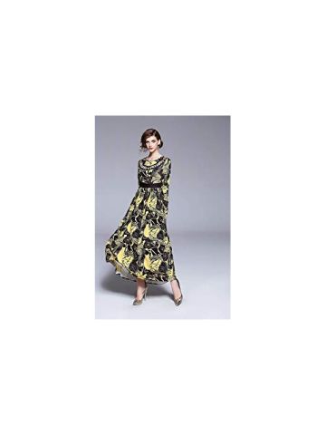 Y&D Women'S A Line Round Neck Ethnic Style Floral Pattern Long Sleeve Sash Maxi Long Dress Multi Color