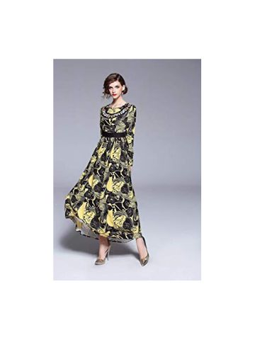 Y&D Women's A Line Round Neck Ethnic Style Floral Pattern Long Sleeve Sash Maxi Long Dress