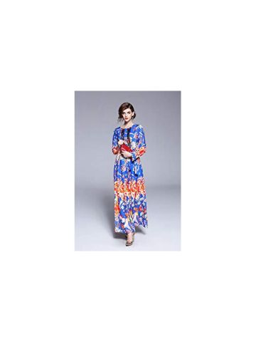 Y&D Women'S Floral A Line Round Neck Ethnic Patchwork Flower Decor Long Sleeve Midi Sweet Dress Multi Color