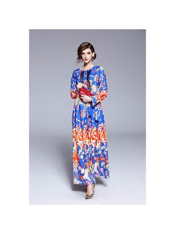Y&D Women's Floral A Line Round Neck Ethnic Patchwork Flower Decor Long Sleeve Midi Sweet Dress