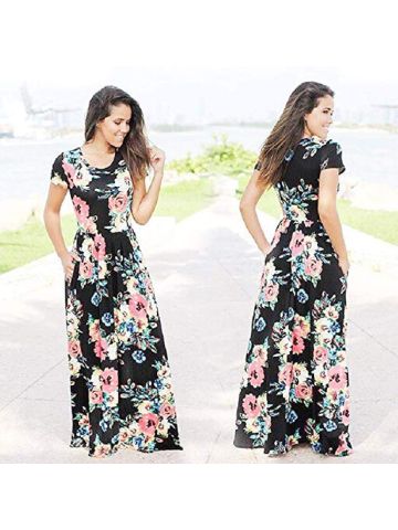 Y&D Women's Aline Dress Round Neck Long Sleeve Floral Pattern Pastoral Style Midi Black Dress
