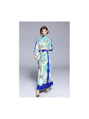 Y&D Women'S A Line Turn Down Collar Ethnic Chic Vintage Floral Pattern Three Quarters Sleeve Sash Maxi Long Dress Multi Color