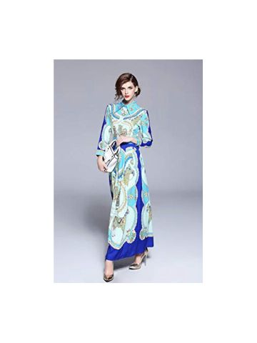 Y&D Women's A Line Turn Down Collar Ethnic Chic Vintage Floral Pattern Three Quarters Sleeve Sash Maxi Long Dress