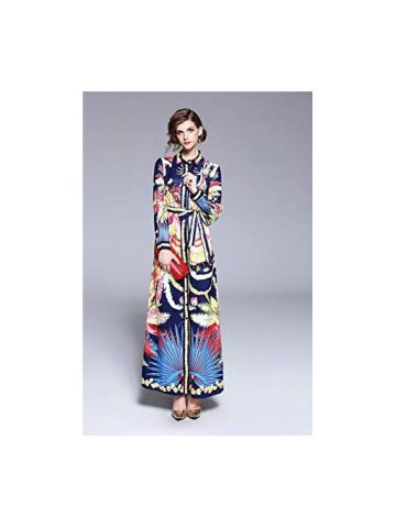 Y&D Women's A Line Collar Block Ethnic Patchwork Floral Pattern Long Sleeve Maxi Long Dress