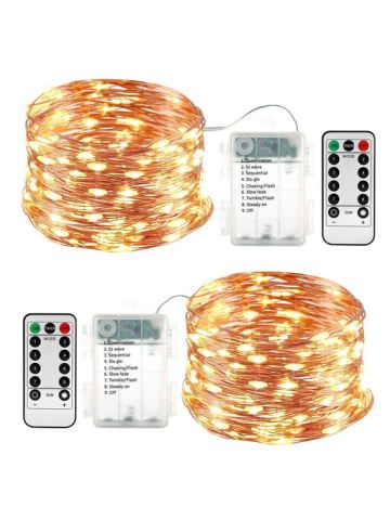 2 Pack Fairy Lights Halloween, Battery Operated Waterproof 8 Modes with Remote Control 33 Ft 100 Led Copper String Lights for Outdoor & Indoor