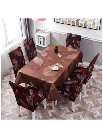 Table Cloth 140x210 Cm With Dining Chair Cover, 7 Pieces Set, Leaves And Butterfly Design