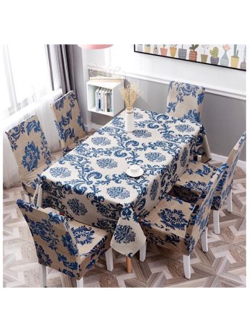 Table Cloth 140x210 Cm With Dining Chair Cover, 7 Pieces Set, Blue Bohemia Design