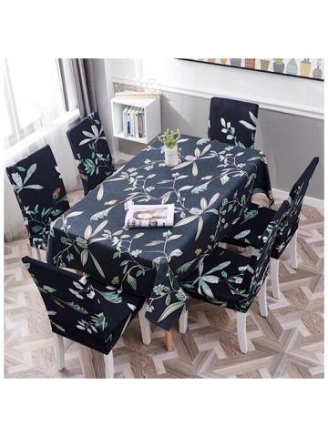Table Cloth 140x210 Cm With Dining Chair Cover, 7 Pieces Set, Flower Design